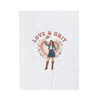 Love & Grit Cowgirl Heart Velveteen Plush Blanket | Western Valentine, Boot Heart Design
