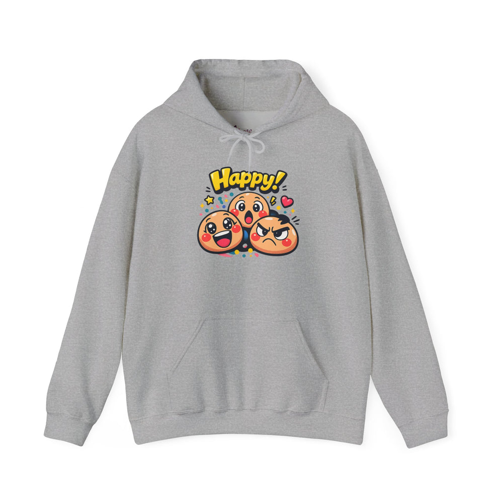 Gildan 18500 | Unisex "Happy!" Cartoon Emoji Hoodie – Heavy Blend Graphic Sweatshirt – Cute & Playful Streetwear Pullover | Happy emoji cartoon hoodie | kawaii minimal, thick outline