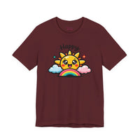 Bella+Canvas 3001 | Happy Sun & Rainbow Unisex Cotton Tee | Cute Kawaii Graphic Shirt | Happy Sun Rainbow Tee | kawaii minimal, thick outline emoji cartoon