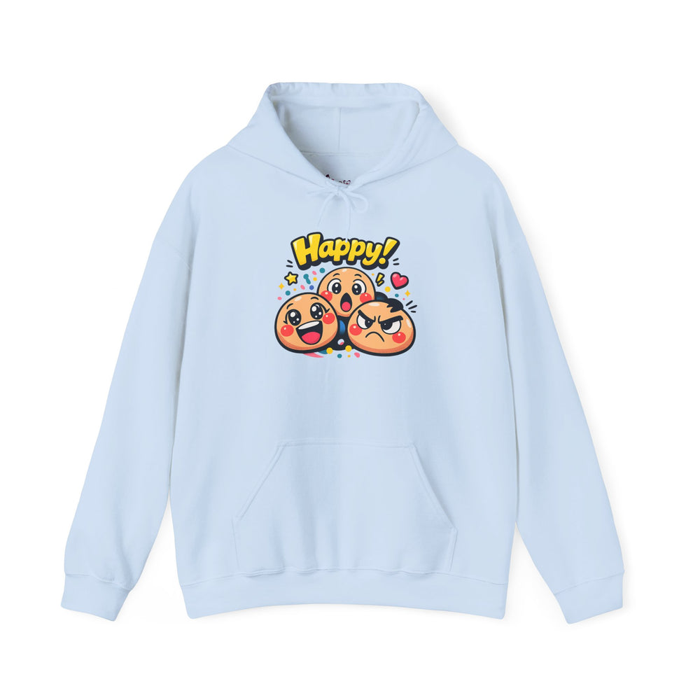 Gildan 18500 | Unisex "Happy!" Cartoon Emoji Hoodie – Heavy Blend Graphic Sweatshirt – Cute & Playful Streetwear Pullover | Happy emoji cartoon hoodie | kawaii minimal, thick outline