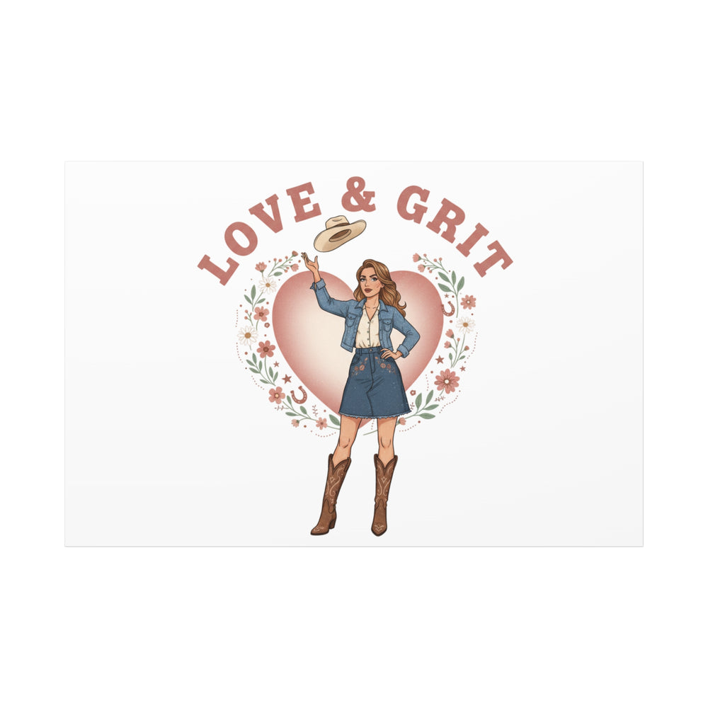 Love & Grit Canvas, Western Valentine Cowgirl Heart Poster | Cowboy Valentine