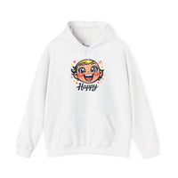 Gildan 18500 | Retro Joy Unisex Heavy Blend™ Hooded Sweatshirt – "Happy" Edition | Happy Face Kawaii Hoodie | bold cartoon, thick outline