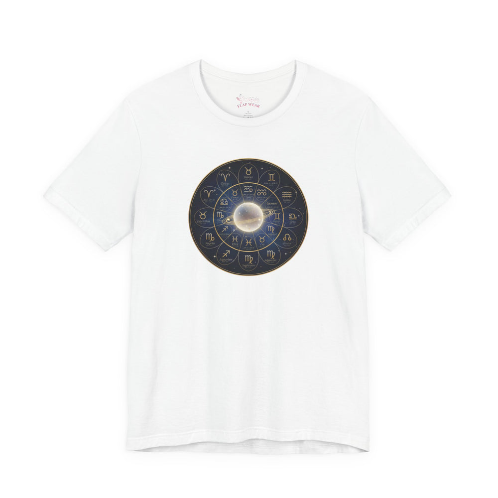Bella+Canvas3001 | Zodiac Constellation Wheel T-Shirt | Astrology Circle, Cosmic Gold Accents