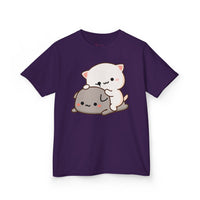 Kids Peach & Goma Funny T-Shirt – Youth Mochi Peach Cat Graphic Tee – Cute Mocha & Milk Lovers Shirt for Boys & Girls – Funny Cartoon Couple Youth Top