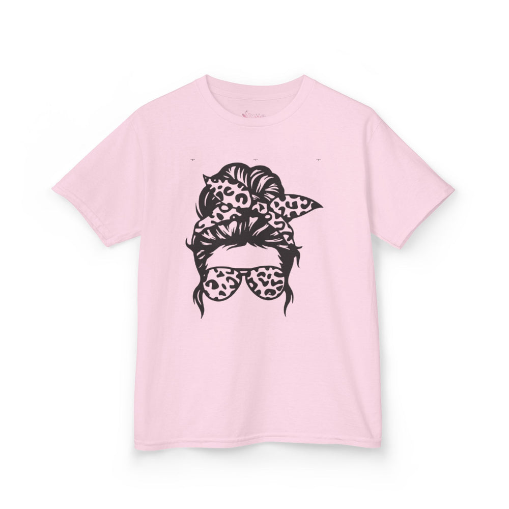 Gildan 5000B | Kids' Messy Bun Leopard Print T-Shirt | Trendy Cheetah Print Toddler & Youth Tee