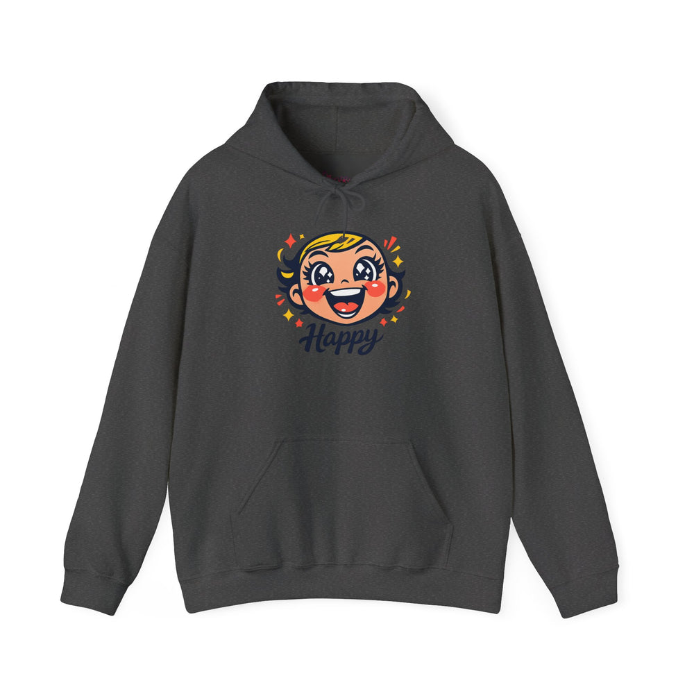 Gildan 18500 | Retro Joy Unisex Heavy Blend™ Hooded Sweatshirt – "Happy" Edition | Happy Face Kawaii Hoodie | bold cartoon, thick outline