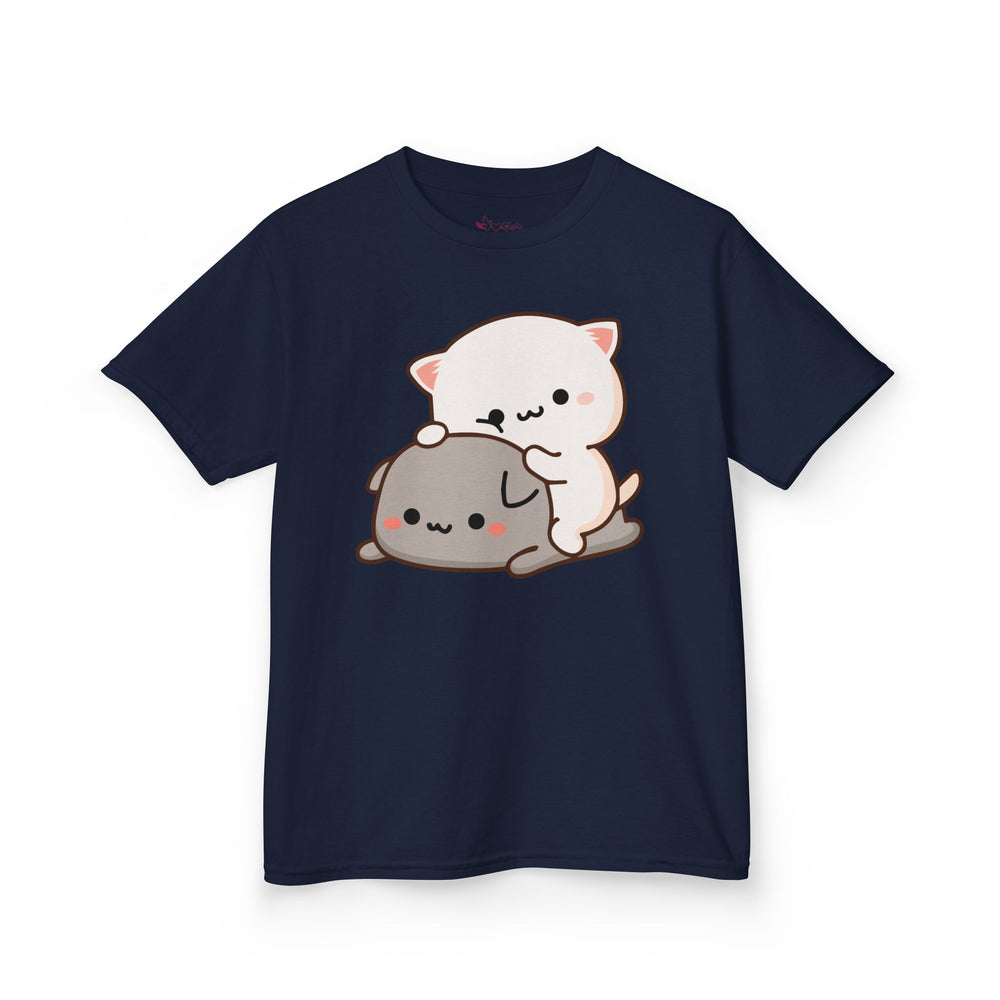 Kids Peach & Goma Funny T-Shirt – Youth Mochi Peach Cat Graphic Tee – Cute Mocha & Milk Lovers Shirt for Boys & Girls – Funny Cartoon Couple Youth Top