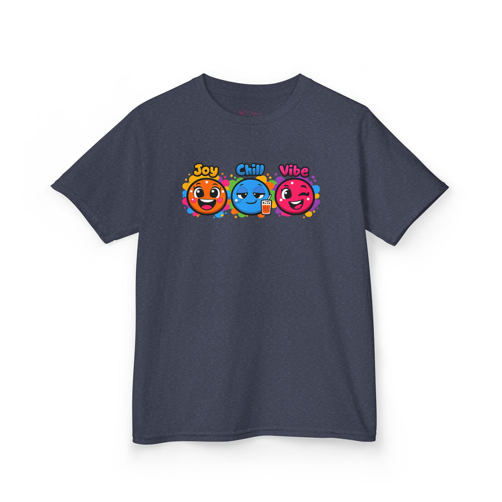 Gildan 5000B | Kids' "Joy, Chill, Vibe" Trio Graphic Tee | Kids Tee — Joy Chill Vibe Emoji Trio Graphic T-Shirt