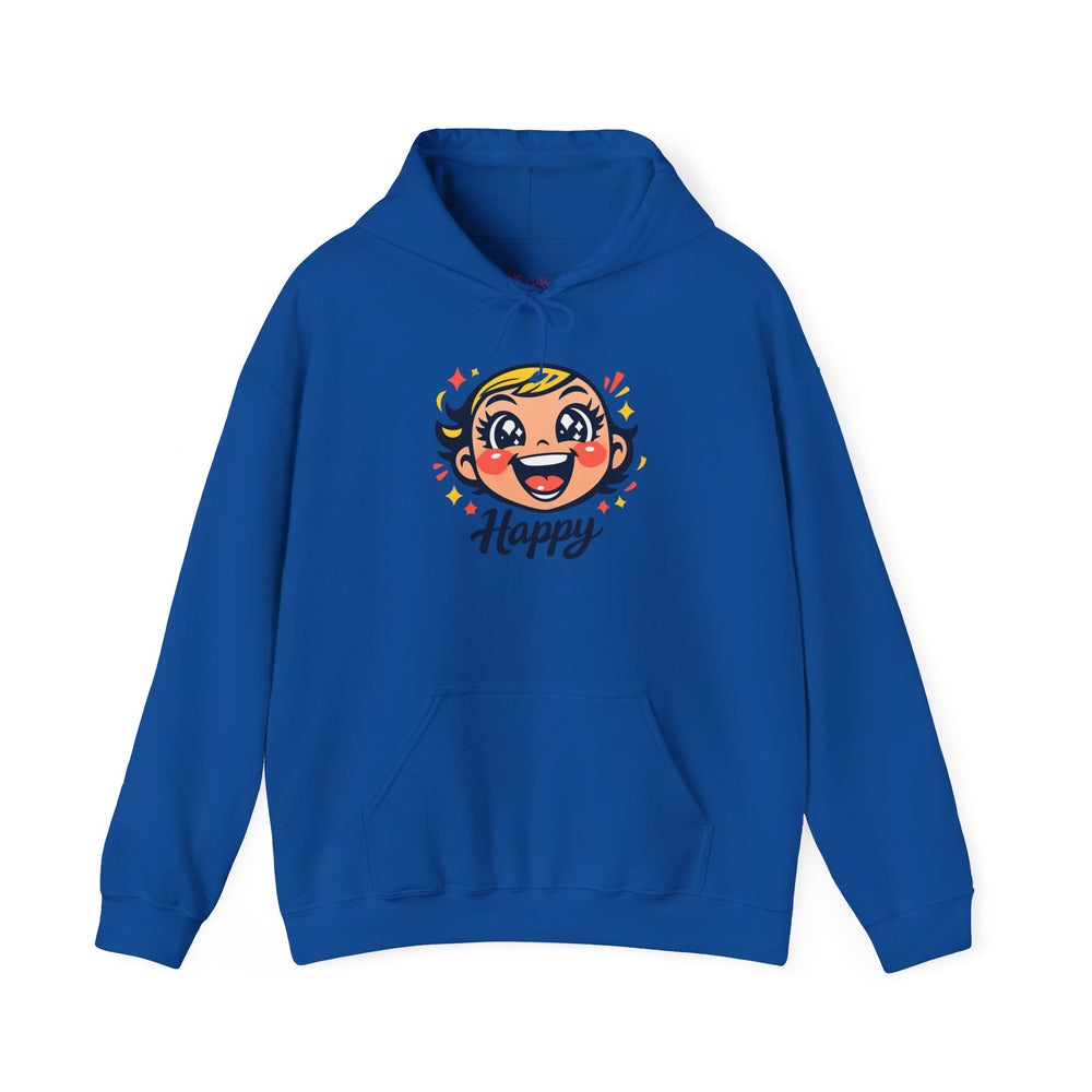 Gildan 18500 | Retro Joy Unisex Heavy Blend™ Hooded Sweatshirt – "Happy" Edition | Happy Face Kawaii Hoodie | bold cartoon, thick outline
