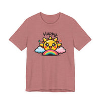 Bella+Canvas 3001 | Happy Sun & Rainbow Unisex Cotton Tee | Cute Kawaii Graphic Shirt | Happy Sun Rainbow Tee | kawaii minimal, thick outline emoji cartoon