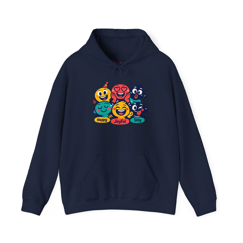 Gildan 18500 | Cheerful Emoji Squad Unisex Heavy Blend™ Hooded Sweatshirt | Vibrant Graphic Streetwear Hoodie | Emoji Blob Faces Hoodie | bold cartoon, thick outline kawaii minimal