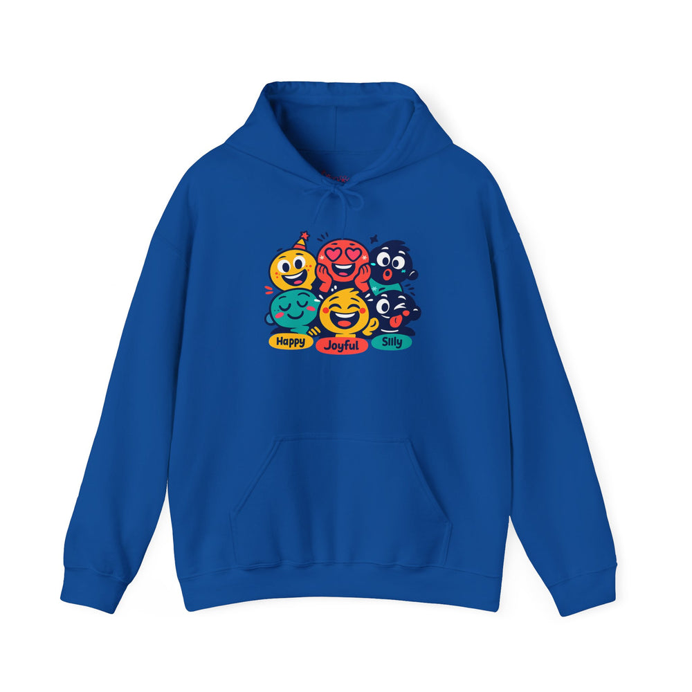 Gildan 18500 | Cheerful Emoji Squad Unisex Heavy Blend™ Hooded Sweatshirt | Vibrant Graphic Streetwear Hoodie | Emoji Blob Faces Hoodie | bold cartoon, thick outline kawaii minimal