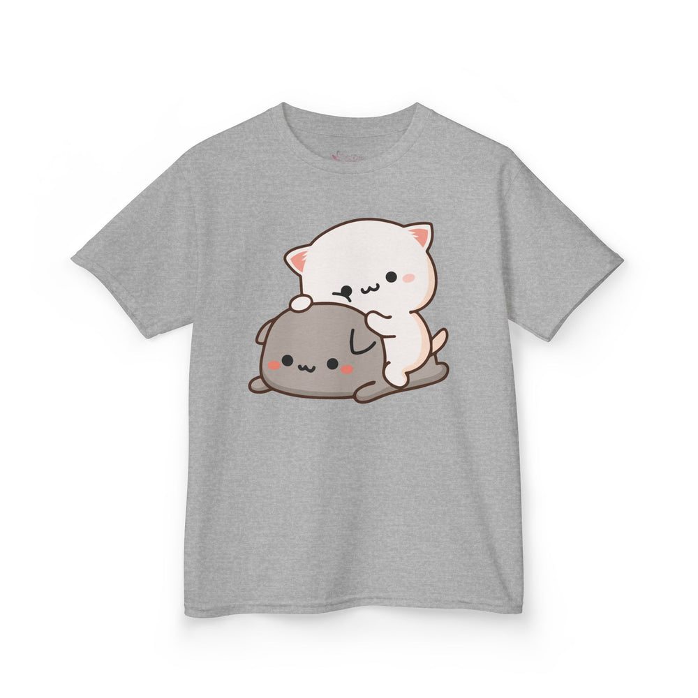 Kids Peach & Goma Funny T-Shirt – Youth Mochi Peach Cat Graphic Tee – Cute Mocha & Milk Lovers Shirt for Boys & Girls – Funny Cartoon Couple Youth Top
