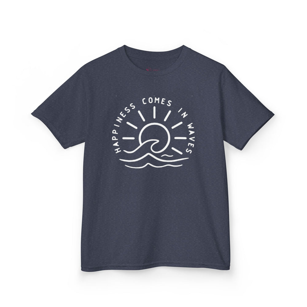 Gildan 5000B | Kids' "Happiness Comes in Waves" Graphic Tee – Soft & Breathable Summer Beach T-Shirt