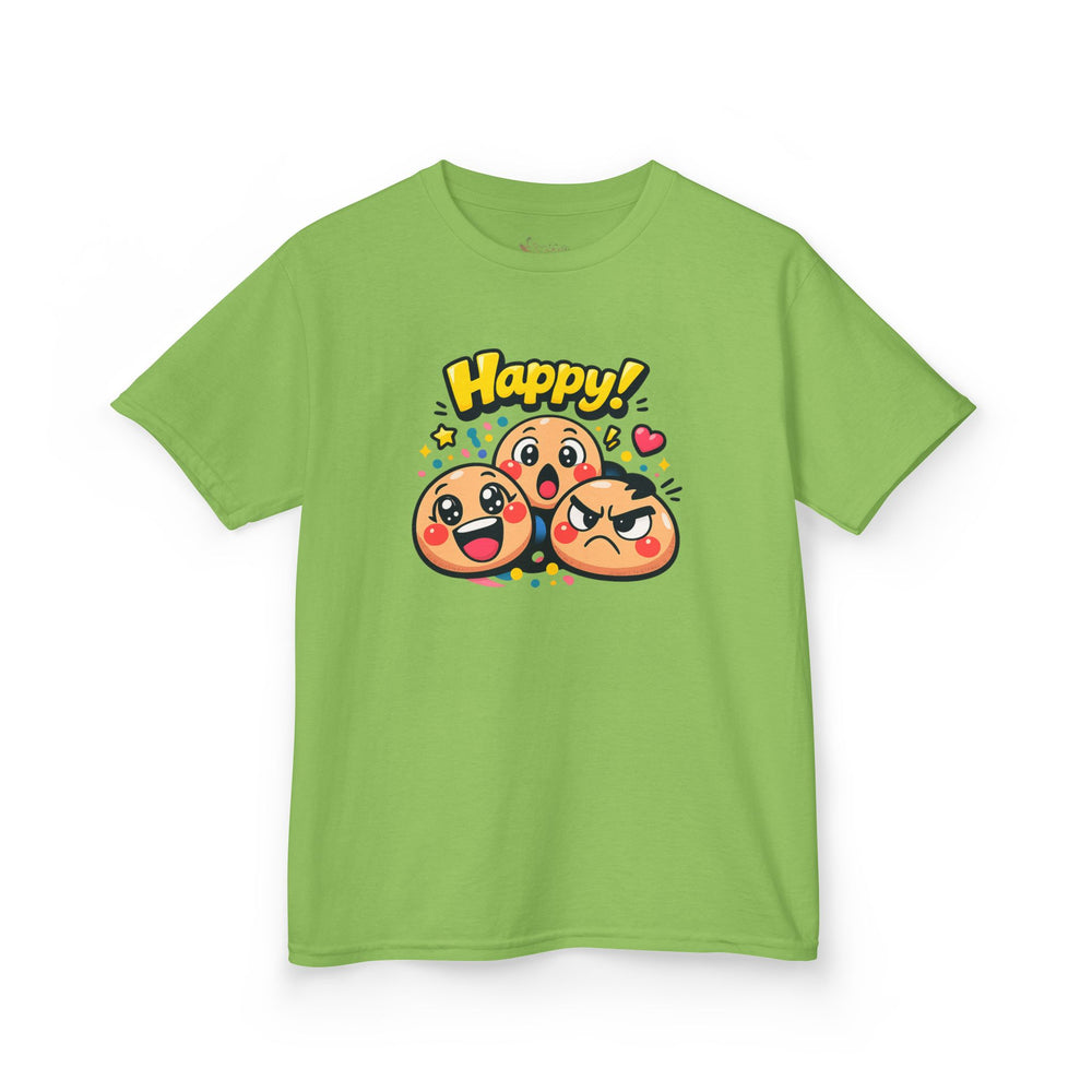 Gildan 5000B | Kids' "Happy Trio" Emoji Graphic Tee – Fun & Expressive Summer Shirt | "Happy!" Vibes Youth T-Shirt – Soft Cotton Tee for Active Kids | Vibrant Emoji Squad Kids' Tee – Comfortable Daily...