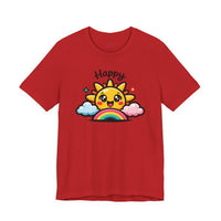 Bella+Canvas 3001 | Happy Sun & Rainbow Unisex Cotton Tee | Cute Kawaii Graphic Shirt | Happy Sun Rainbow Tee | kawaii minimal, thick outline emoji cartoon