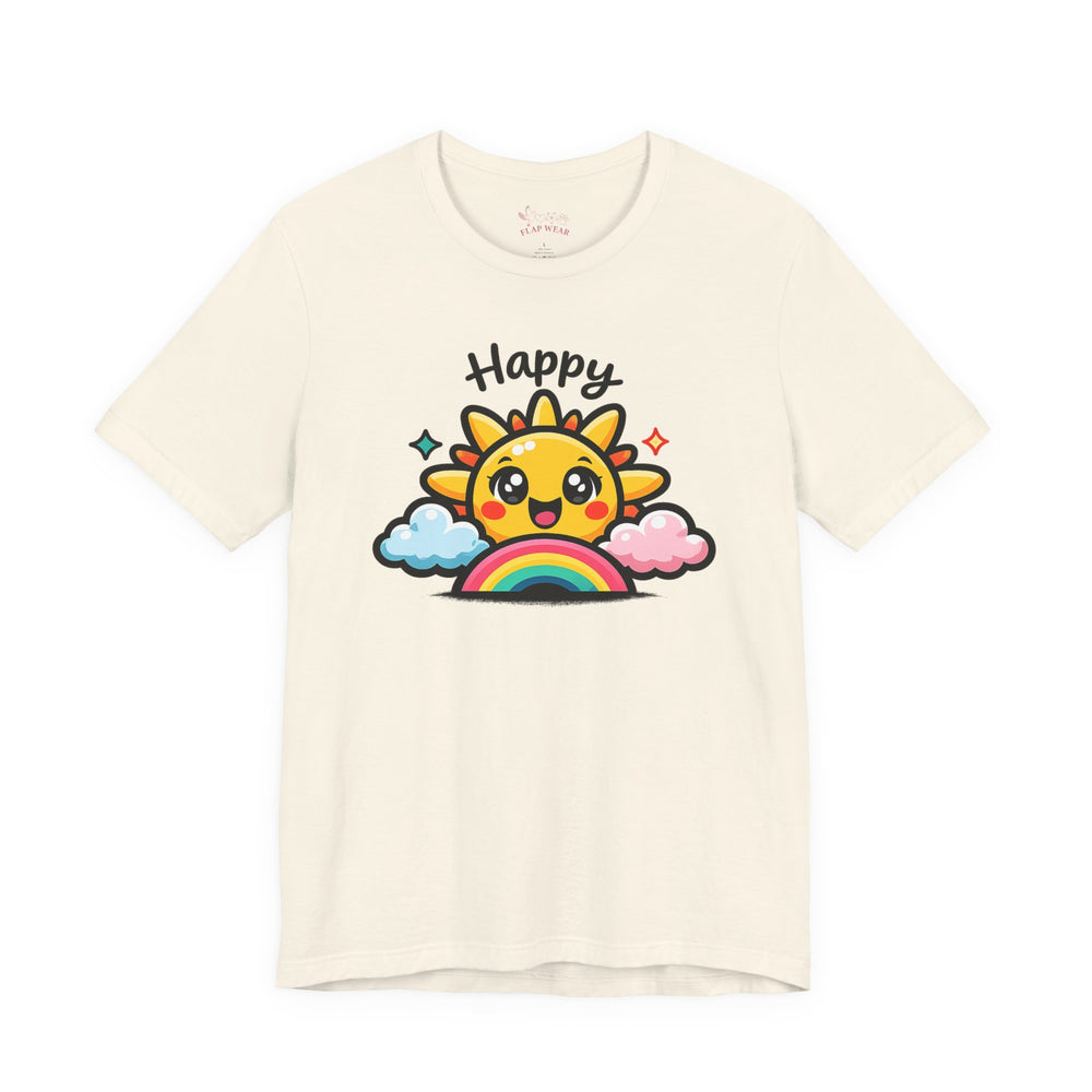 Bella+Canvas 3001 | Happy Sun & Rainbow Unisex Cotton Tee | Cute Kawaii Graphic Shirt | Happy Sun Rainbow Tee | kawaii minimal, thick outline emoji cartoon