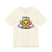 Bella+Canvas 3001 | Happy Sun & Rainbow Unisex Cotton Tee | Cute Kawaii Graphic Shirt | Happy Sun Rainbow Tee | kawaii minimal, thick outline emoji cartoon
