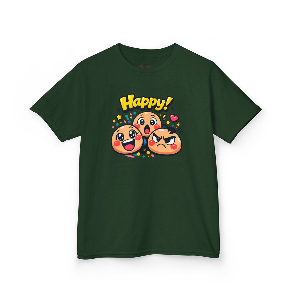 Gildan 5000B | Kids' "Happy Trio" Emoji Graphic Tee – Fun & Expressive Summer Shirt | "Happy!" Vibes Youth T-Shirt – Soft Cotton Tee for Active Kids | Vibrant Emoji Squad Kids' Tee – Comfortable Daily...