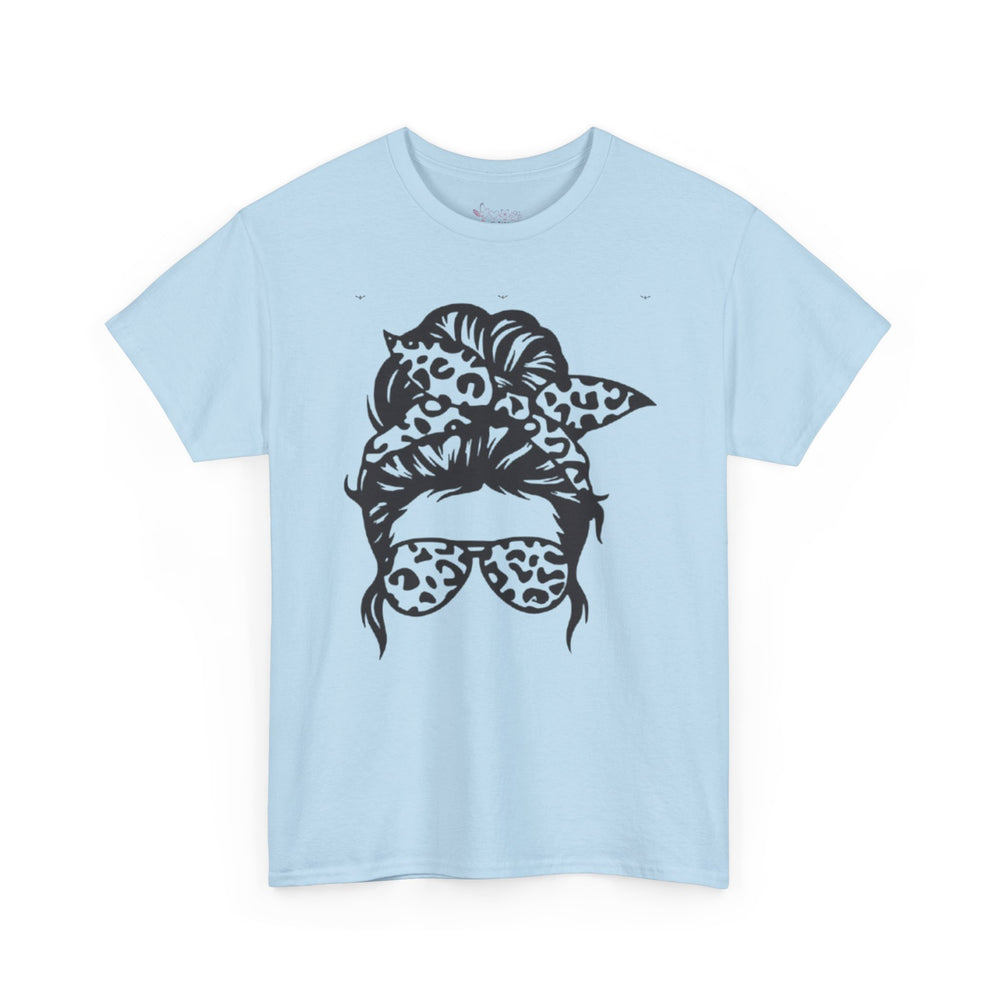 Gildan 5000 | Leopard Print Messy Bun T-Shirt - Sassy Mama Graphic Tee - Trendy Animal Print Sunglasses Shirt - Unisex Hawaiian Vacation Shirt