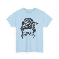 Gildan 5000 | Leopard Print Messy Bun T-Shirt - Sassy Mama Graphic Tee - Trendy Animal Print Sunglasses Shirt - Unisex Hawaiian Vacation Shirt