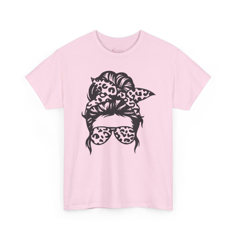 Gildan 5000 | Leopard Print Messy Bun T-Shirt - Sassy Mama Graphic Tee - Trendy Animal Print Sunglasses Shirt - Unisex Hawaiian Vacation Shirt