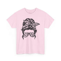 Gildan 5000 | Leopard Print Messy Bun T-Shirt - Sassy Mama Graphic Tee - Trendy Animal Print Sunglasses Shirt - Unisex Hawaiian Vacation Shirt