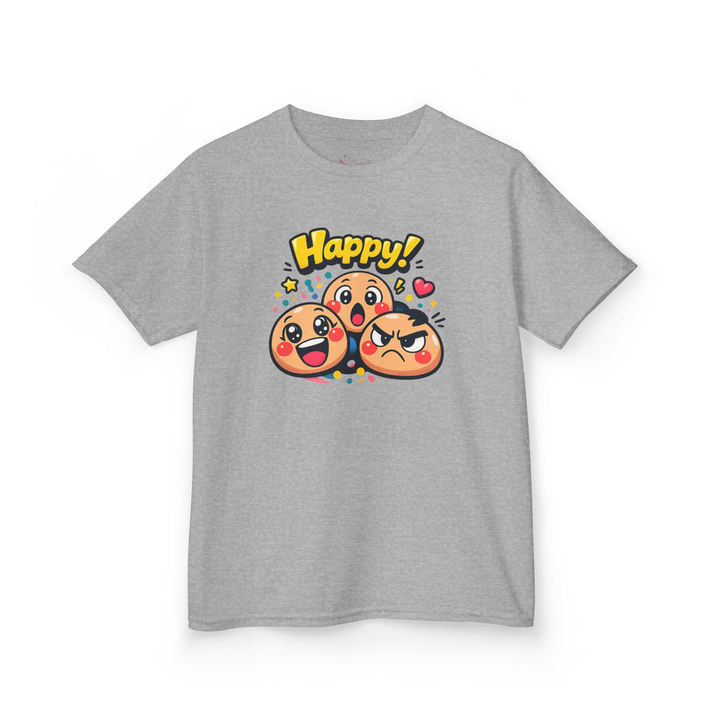 Gildan 5000B | Kids' "Happy Trio" Emoji Graphic Tee – Fun & Expressive Summer Shirt | "Happy!" Vibes Youth T-Shirt – Soft Cotton Tee for Active Kids | Vibrant Emoji Squad Kids' Tee – Comfortable Daily...