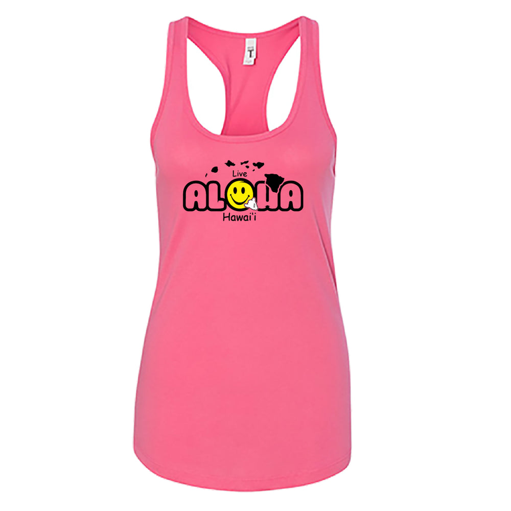 Women’s Live Aloha Hawai’i Racerback Tank Top – Tropical Island Vibes with Smiley Shaka