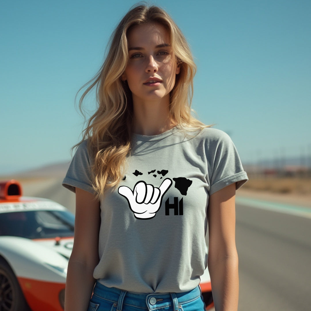 Women’s HI Shaka Map Graphic T-Shirt – Hawaii Hand Sign with Island Map