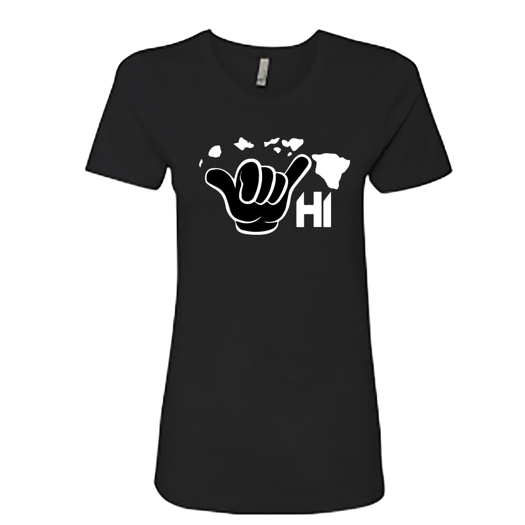 Women’s HI Shaka Map Graphic T-Shirt – Hawaii Hand Sign with Island Map