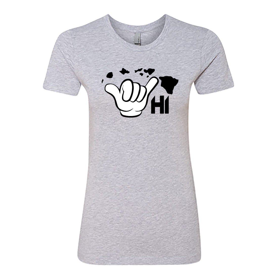 Women’s HI Shaka Map Graphic T-Shirt – Hawaii Hand Sign with Island Map