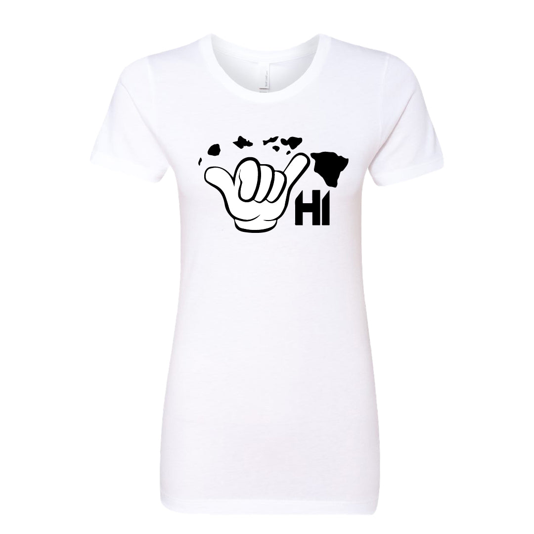 Women’s HI Shaka Map Graphic T-Shirt – Hawaii Hand Sign with Island Map