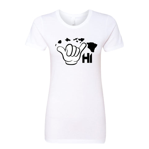 Women’s HI Shaka Map Graphic T-Shirt – Hawaii Hand Sign with Island Map