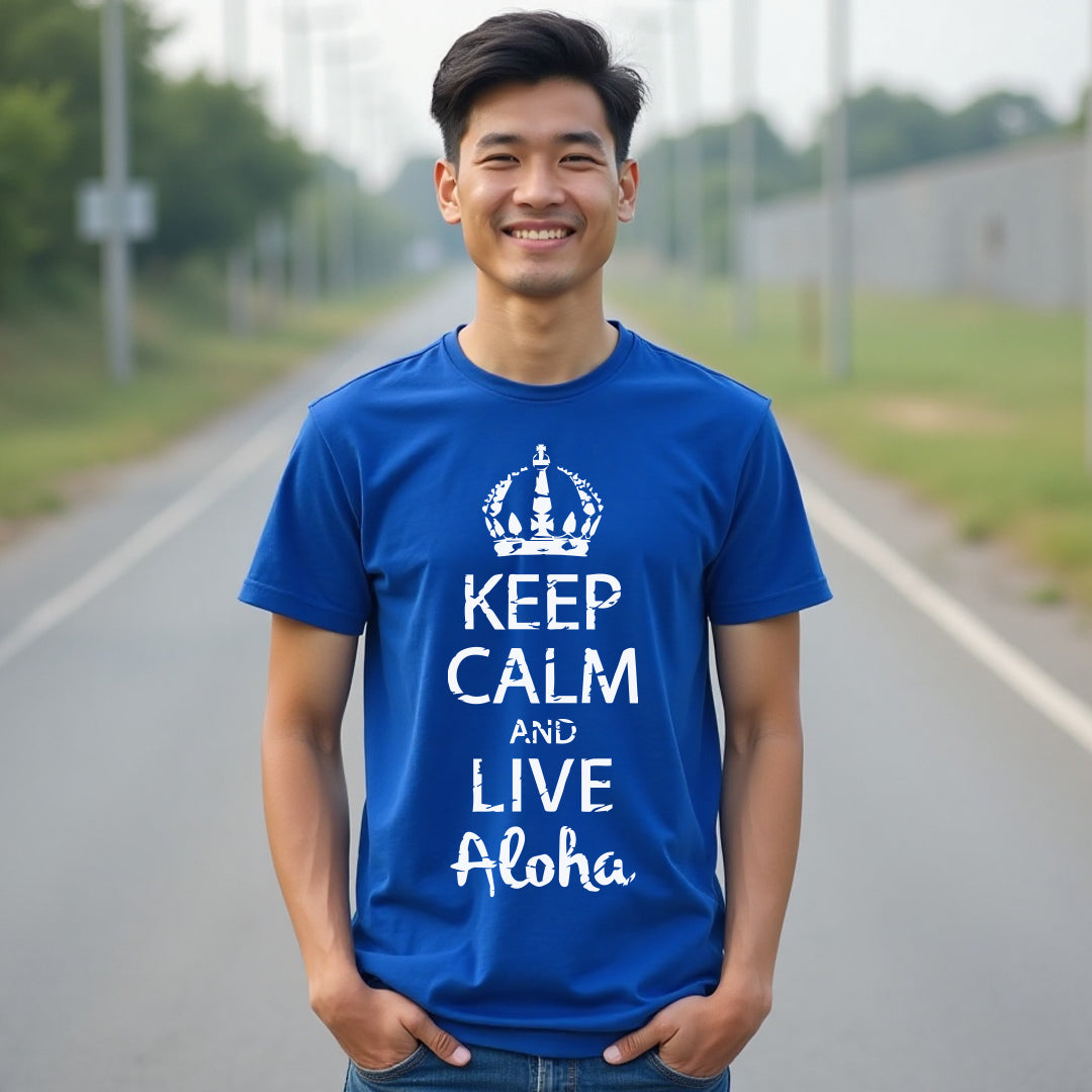 Men’s “Keep Calm and Live Aloha” Graphic T-Shirt – Hawaiian Island Crown Design