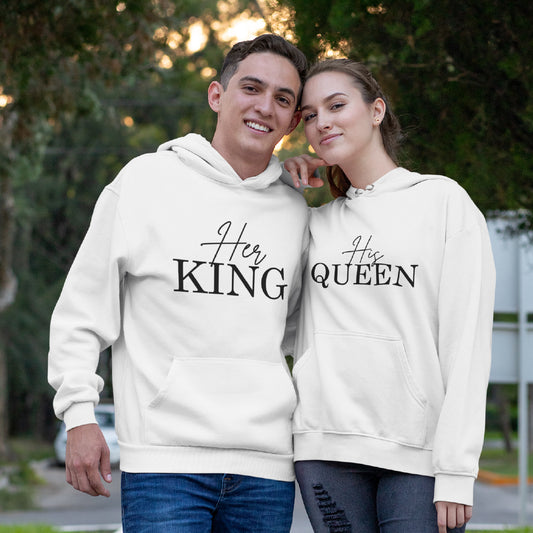 Matching "Her King" & "His Queen" Unisex Hoodies – Modern Couple’s Typography Pullovers – Premium Fleece Anniversary & Valentine’s Sweatshirts