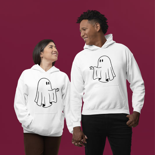Unisex Cartoon Ghost Hoodie – Minimalist Spooky Graphic Pullover – Soft Fleece Friendly Ghost Sweatshirt – Trendy Fall & Halloween Streetwear