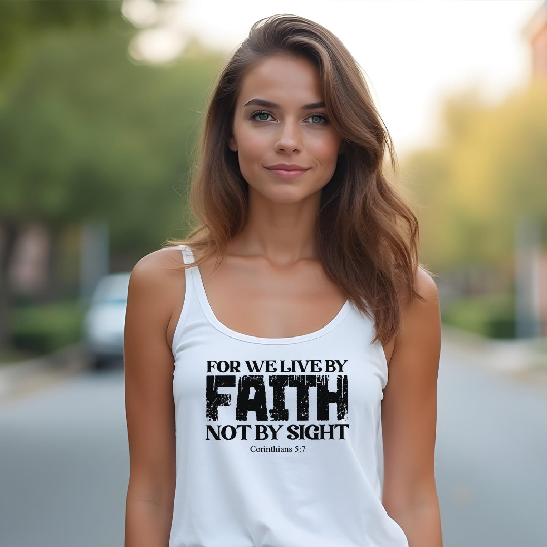 Women’s “For We Live By Faith” Christian Racerback Tank Top – Inspirational Bible Verse (2 Corinthians 5:7)