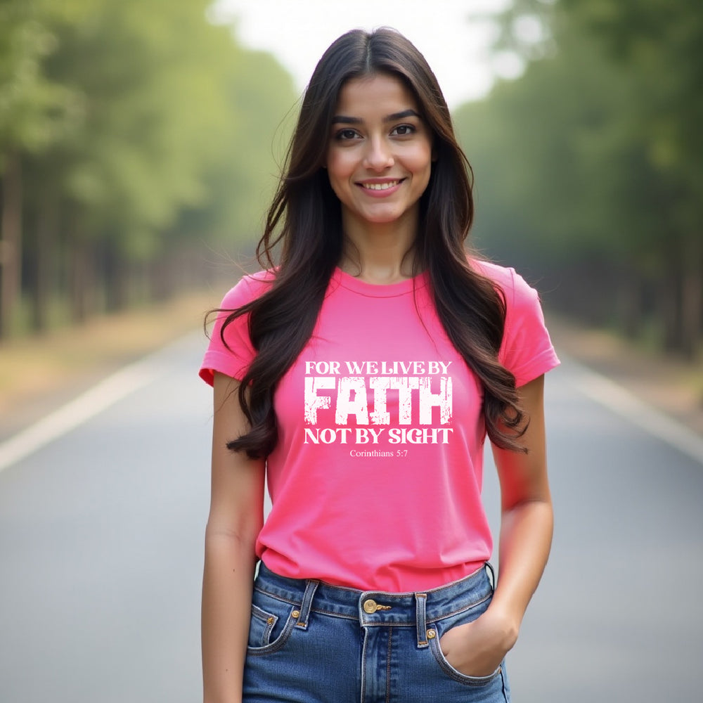 Faith Scripture Women’s T‑Shirt – For We Live by Faith, Not by Sight – Inspirational Christian Tee