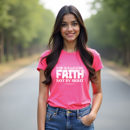 Faith Scripture Women’s T‑Shirt – For We Live by Faith, Not by Sight – Inspirational Christian Tee