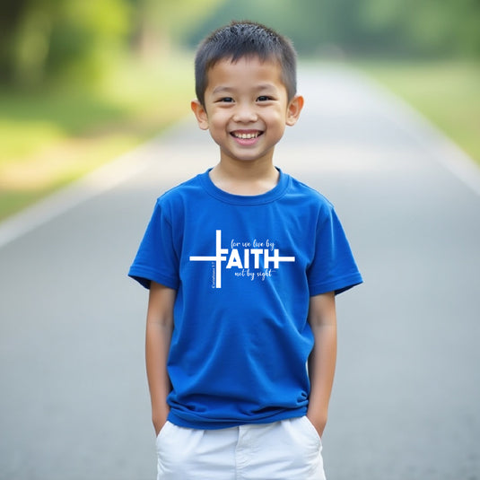 Youth Christian Faith T-Shirt – “For We Live by Faith, Not by Sight” Cross Design (2 Corinthians 5:7)