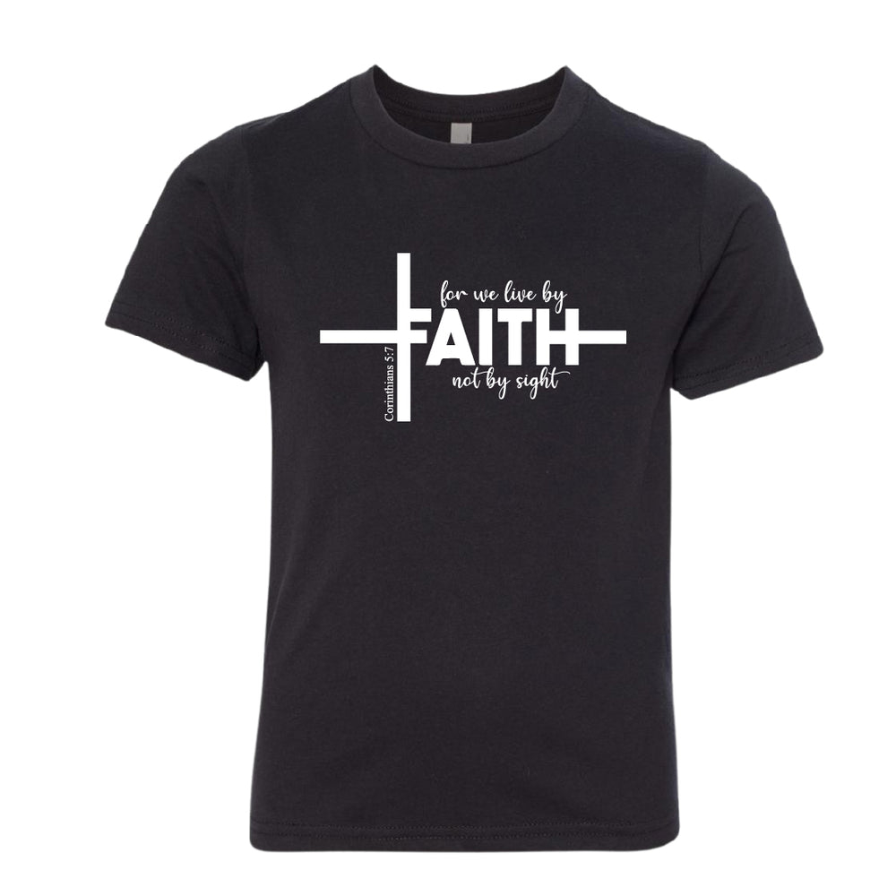 Youth Christian Faith T-Shirt – “For We Live by Faith, Not by Sight” Cross Design (2 Corinthians 5:7)