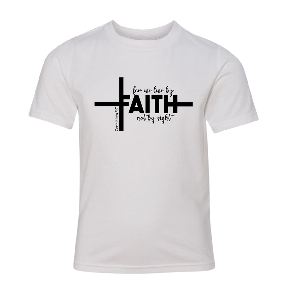 Youth Christian Faith T-Shirt – “For We Live by Faith, Not by Sight” Cross Design (2 Corinthians 5:7)