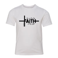 Youth Christian Faith T-Shirt – “For We Live by Faith, Not by Sight” Cross Design (2 Corinthians 5:7)