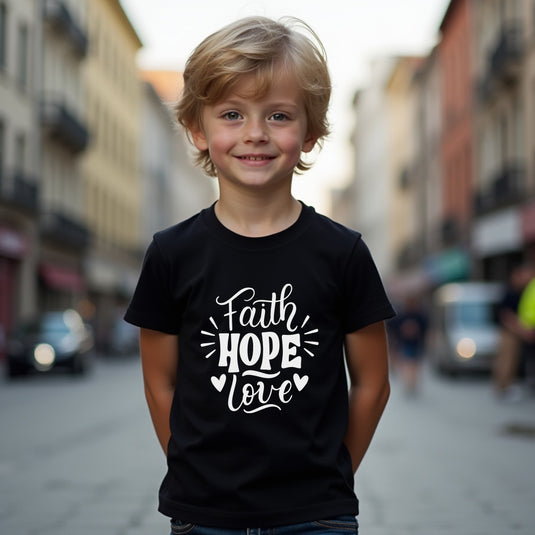 MEANINGFUL "Faith Hope Love" Youth T-Shirt – Inspiring Christian Kids' Tee