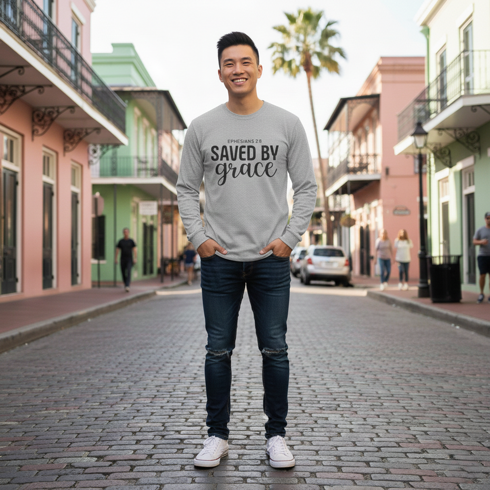 Saved by Grace Long Sleeve T-Shirt | Ephesians 2:8 Scripture Faith Tee | Men's Christian Apparel By Gildan2400