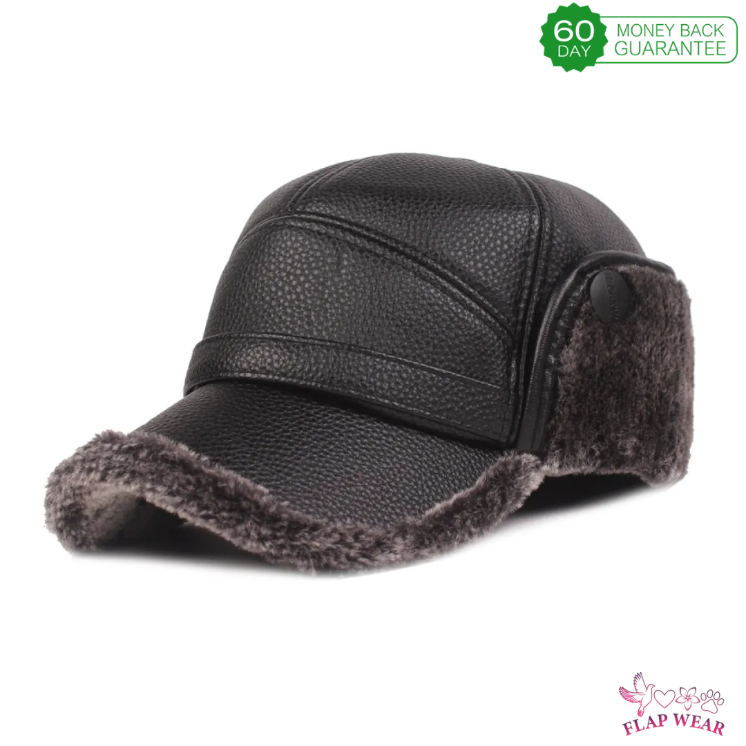 Men's Faux Leather Winter Trapper Baseball Cap - Faux Fur Lined Warm Ear Flap Hat
