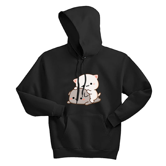 Unisex Peach & Goma Funny Hoodie – Cute Mochi Peach Cat Graphic Pullover – Kawaii Mocha & Milk Lovers Sweatshirt – Soft Fleece Cartoon Couple Hoodie