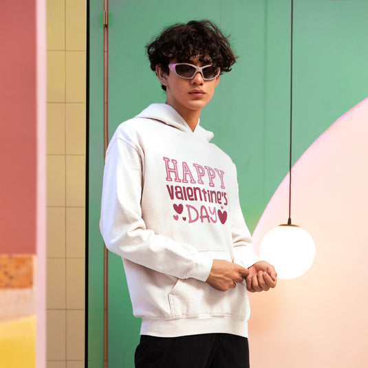 Unisex Happy Valentine's Day Hoodie | Heart Graphic Pullover Sweatshirt | Premium Fleece Holiday Hoodie for Men & Women