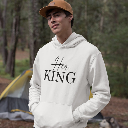 Matching "Her King" Unisex Hoodies – Modern Couple’s Typography Pullovers – Premium Fleece Anniversary & Valentine’s Sweatshirts